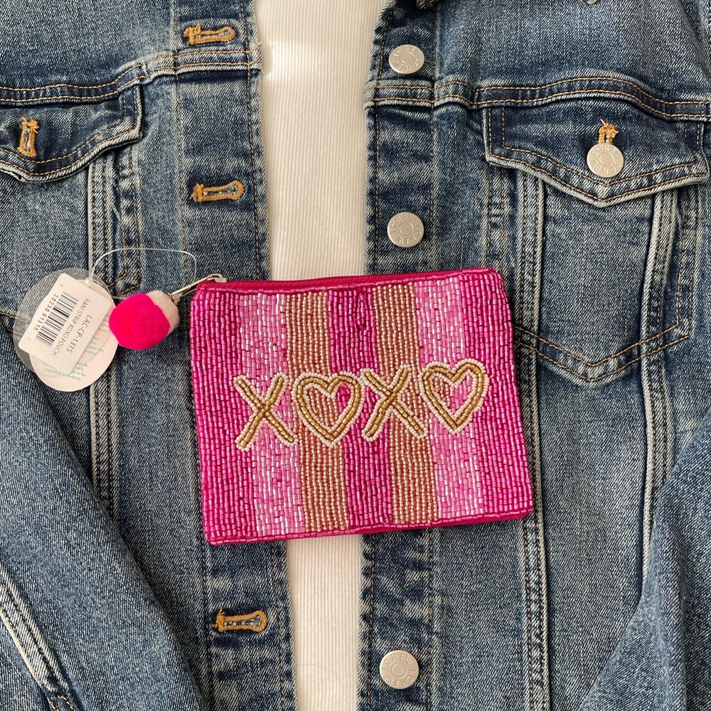 LOVE Coin Pouch Seed Bead Coin Pouch Beaded Coin Bag Pink Beaded card holder - Picture 2 of 5